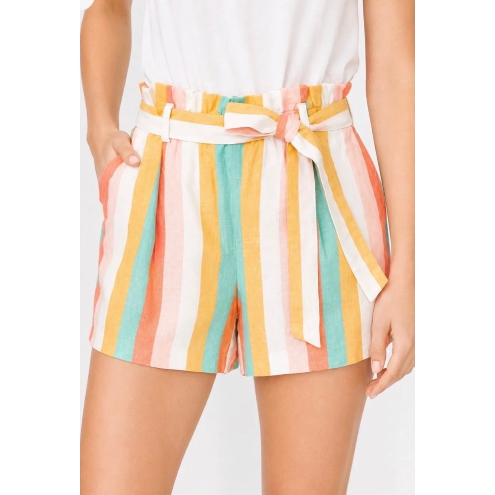 LOFT Shorts Women Small Multi-Color Striped Linen Blend Paperbag Waist 4" inseam
